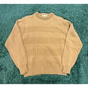 Vintage Sigallo Men's XL 100% Acrylic Tan Striped Knit Sweater 70s 80s Made